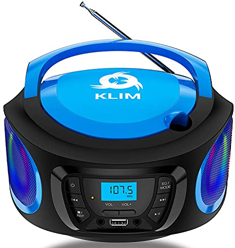 KLIM Boombox Radio mit CD Player - NEU - FM-Radio, CD Player, Bluetooth, MP3, USB, AUX - Inklusive wiederaufladbaren Akkus - Kabelgebundene und kabellose Modi - Kompakt und robust (Blau)