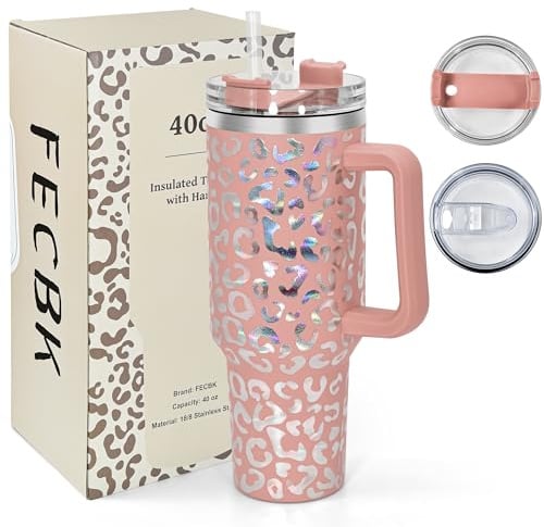 FECBK Thermobecher mit Strohhalm und Henkel 1,2L, 100% Auslaufsicherer Trinkbecher, Edelstahl Vakuumisoliert Kaffeebecher, Hält 12 Std Heiß / 34 Std Kalt, Spülmaschinenfest, Canyon Clay Leopard