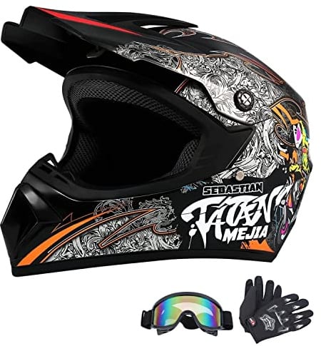 HaTur Motorradhelm Motocross-Helm Dirt Bike Helme Off-Road-Helm mit Handschuhen Schutzbrille für Unisex Jugend Erwachsene (Schwarz, L)
