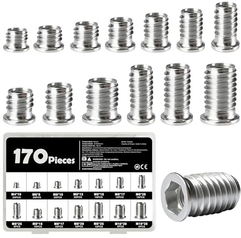 170-teiliges Einschraubmuttern-Set inkl. M4, M6, M8, M10 Gewindeeinsätzen, Gewindehülsen für Holzmöbel