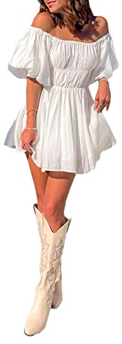 Achlibe Damen-Minikleid mit Puffärmeln, schulterfrei, einfarbig, A-Linie, Sommer, elastische Taille, Babydoll-Kleid, A-a-a-white, S