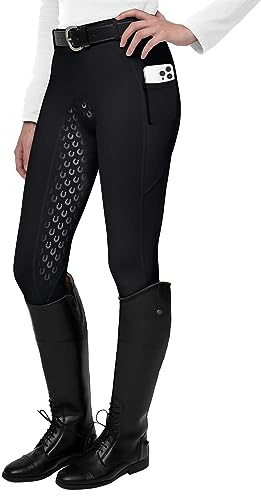 FitsT4 Sports Damen Reitleggings Silikon Vollbesatz Reithose mit Handytasche und Gürtelschlaufen,Schwarz,Gr.M