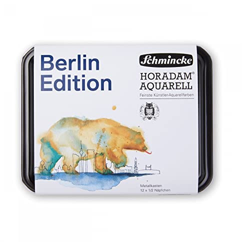 Schmincke Aquarellfarbe Horadam Berlin Edition, 12 Stück, 1/2 Näpfe (74613) | Wasserlösliche Aquarellfarbe aus hochwertigen Pigmenten im Sonderkasten; geeignet für das Aquarellieren von urbanen Motiven