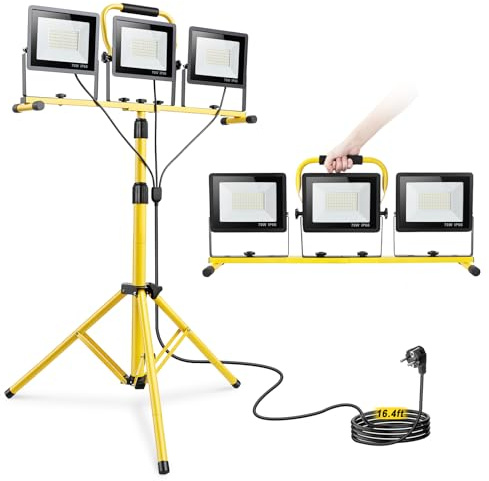 Yofuly Baustrahler mit Stativ 3x70W, LED Strahler Baustellenlampe 21000 Lumen Arbeitsleuchte mit Individuellem Schalter, 5M/16.4FT Kabel, Höhenverstellbar bis Max. 200cm Bauscheinwerfer Innen Außen