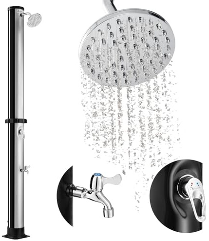 Juskys Solardusche Victoria 40 Liter - bis 60°C - mit schwenkbarem Duschkopf, Fußdusche & Gartenschlauch Anschluss Gartendusche Außendusche