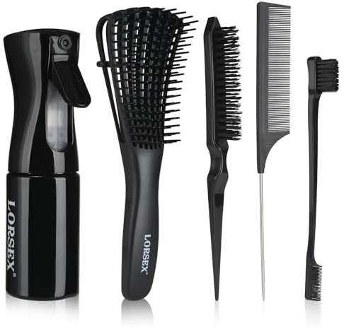 LORSEX Haarbürste mit 200ml Haar Sprühflasche, Entwirrbürste für Naturhaar für Afro Haare 3a bis 4c Verworrenes, Welliges, Lockiges Haar, mit 3 Stück Toupier Bürste Set Doppelkanten Bürste (Schwarz)