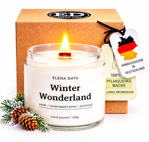 Duftkerze Winter Wonderland, Weihnachten, Christmas, Sojawachs, Kerze mit Holzdocht, Handgefertigte Kerze 140 gramm, Brenndauer 45 Stunden, deutsche Marke, Elena Days