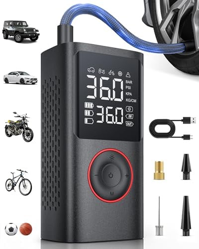 Powools Kabelloser Elektrische Luftpumpe, 150PSI Akku Kompressor Fahrradpumpe mit LED-Licht & Auto-Stopp, Wiederaufladbare Reifenpumpe für E-Bike, Auto, Motorrad, Bälle, Schwarz, Standard Capacity