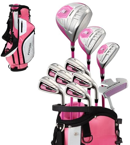 PreciseGolf Co. Precise M5 Damen-/Frauen-Golfschlägerset, Komplett, Für Rechtshänder Einschließlich Titan-Driver, S.S. Fairway, S.S. Hybrid, S.S. 5-Pw-Eisen,3 H/C'S Pink (Pink, Rechtshändig)