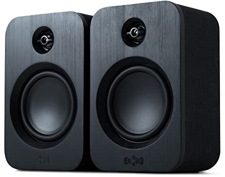House of Marley Get Together Duo Regallautsprecher - Bluetooth Lautsprecher Stereo Paar mit AUX-Eingang, Holzlautsprecher für Plattenspieler, Handy, PC - Bluetooth Stereo Lautsprecher Boxen, Schwarz