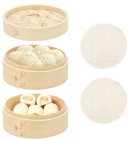 BULZEU Bambus Dampfgarer, 2 Etagen Bambusdämpfer, Ø 15CM Dumpling Steamer Bambus Dampfkorb Asiatischer Dämpfkorb mit 2 Baumwolltüchern, für Reis, Dim Sum, Gemüse, Fisch Fleisch Dumpling