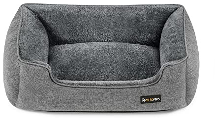 Feandrea Hundebett, Hundekissen in Leinenoptik, Hundekorb, erhöhte Ränder, rutschfeste Unterseite, Bezug abnehmbar waschbar, M, für kleine Hunde, 70 x 55 x 21 cm, hellgrau PGW10GG