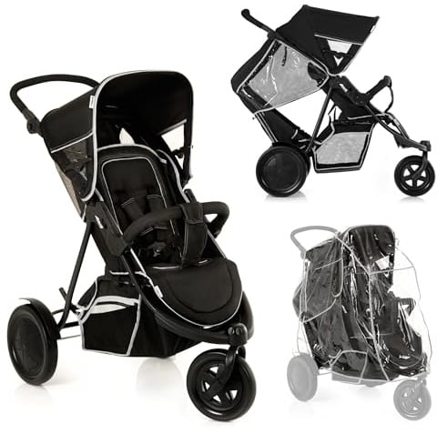 hauck Freerider, Schwarz - 3 Rad Geschwisterbuggy mit Regenschutz für 2 Kinder - Oberer Sitz mit Liegefunktion ab Geburt - Unterer Sitz ab 6 Monaten - Max. 15 Pro Sitz - Höhenverstellbar