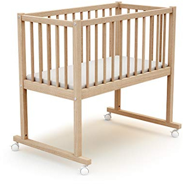 AT4 - Baby Wiege Bett Holz mit Rollen 40x80 NOA Buche Natur | 88 x 58,5 x 80 cm, Babybett mit Matratze inklusive 40x80x5c, 4 multidirektionale Räde, Leicht zu bewegen