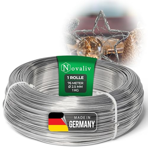Novaliv 76 Meter Aluminiumdraht 2,5mm Silber, Basteldraht ideal als Biegedraht zum basteln, Vielseitig für DIY-Projekte und Dekorationen, 76m Rolle Dekodraht, Schmuckdraht, Blumendraht, Laternendraht