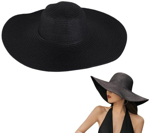 VASANA Damenhut mit breiter Krempe für Garten, Strand, Sommer-Sonnenhut, breiter Hut, Schwarz, 23