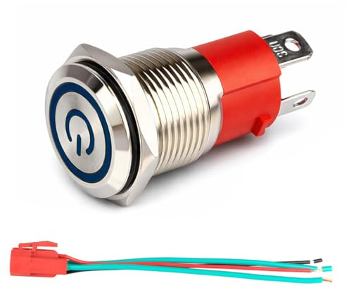GUUZI 220V-230V/15A Selbstverriegelung Druckknopfschalter NO Wasserdichtes Blaues LED-Licht Beleuchtet 16mm Metall-Power-Start-Drucktaster mit Steckdosen-Stecker-Kabel