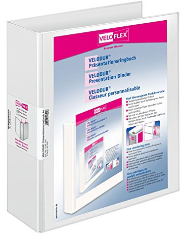 VELOFLEX - Ringbuch Velodur DIN A4 mit 2-D-Ring-Mechanik, Weiß | Sichttasche vorne und am Rücken, 50 mm Ringdurchmesser, blendfreie PP-Folie, stabile Pappe, temperaturbeständig