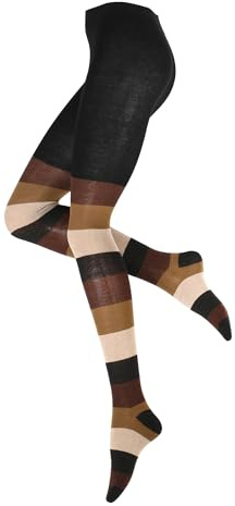 Vincent Creation Warme und Modische Damen Baumwoll Strumpfhose mit Blockstreifen, Strickstrumpfhose gemustert, 36/38 (S), Braun-beige