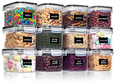 Vtopmart 0.8L Vorratsdosen Set, Müsli Schüttdose & Frischhaltedosen, BPA frei Kunststoff, luftdicht,Trockenfutterbehälter, Satz mit 12, 24 Etiketten für Getreide, Mehl, Zucker (Schwarz)