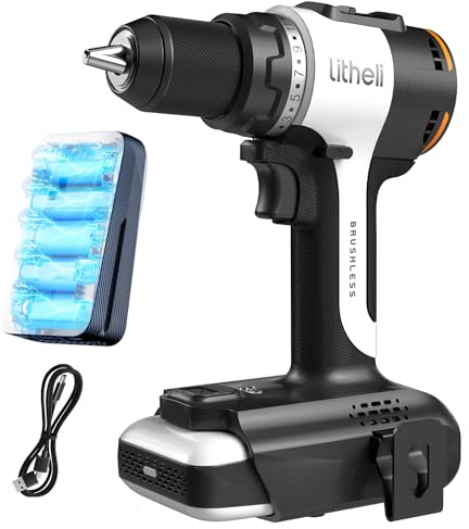Litheli 20V Akku Bohrschrauber mit 1X10000mAh Li-Ion Akku, bürstenlosen Motor, 60 Nm Maximaldrehmoment, 17+1 Drehmomentstufen, 13mm Schnellspannbohrfutter für Reparaturen zu Hause