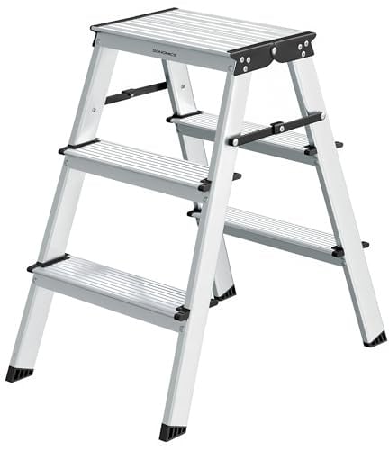 SONGMICS Leiter, Trittleiter, Aluleiter mit 3 rutschfesten Stufen, klappbar, Stehleiter, Mehrzweckleiter, bis 150 kg belastbar, Silbergrau-tintenschwarz GLT23K