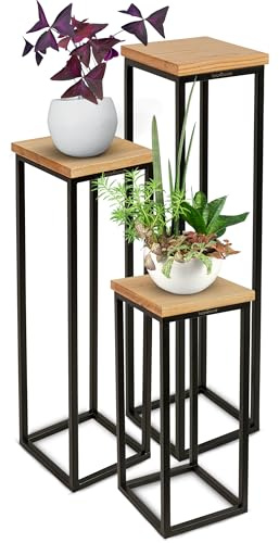 holz4home® Dekoständer aus massiv Eichenholz I Blumenständer Natur Geölt I 3 Größen im Set I Dekosäule mit Stahlrahmen I Blumentreppe aus Metall & Holz Geölt