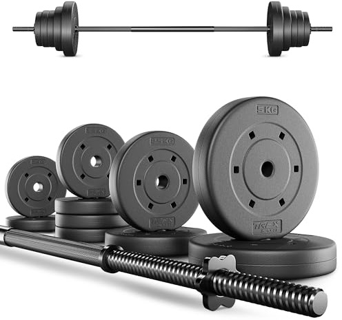 TREX SPORT Langhantel Set 28 kg | Hantelset mit Langhantelstange 150 cm aus Stahl und 12 Hantelscheiben aus Kunststoff in Schwarz mit mattem Finish | Für Krafttraining Zuhause