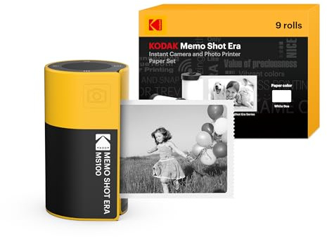 Kodak Memo Shot ERA Kinder-Sofortbildkamera und Foto-Etikettendrucker, Gelb (Kamera mit 1 One-Touch-Etikettenpatronen-Rolle + 9 Rollen Patronen-Set)