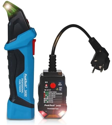 PeakTech P 3432 Sicherungsfinder, Ortungsgerät für Stromkreise, Spannungsprüfer berührungslos mit Steckdosentester für 230V Schuko - NCV Phasenprüfer/Leitungssuchgerät/Stromprüfer