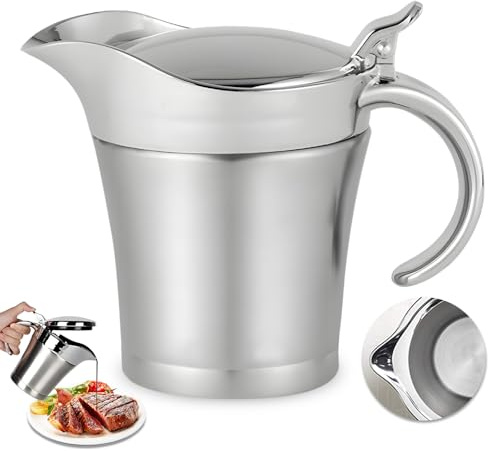 GOEDCH Edelstahl Thermo Sauciere 450ml, Doppelwandige Saucenkanne mit Klappdeckel und Henkel, Silber, Für Soße, Vanillesoße, Sahne, Servieren bei Abendessen und Party