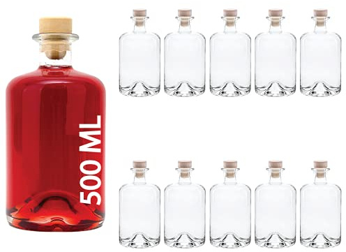 slkfactory 10 x 500ml Glasflaschen Apothekerflasche 0,5 Liter Leere Flaschen zum Befüllen mit Korken Glas Likörflaschen Schnaps Schnapsflaschen Öl