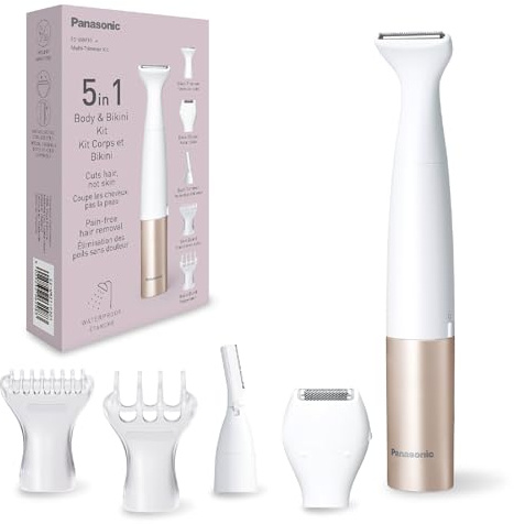Panasonic ES-WM31 5-in-1 Multi-Trimmer Körper & Bikinizone, Haarentferner für Damen, Damenrasierer, 5 Aufsätze, IPX7 wasserdicht, nass & trocken, Batteriebetrieb (1 x AA erforderlich), Weißgold