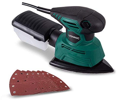 VONROC Deltaschleifer elektrisch, Dreieckschleifer, Multischleifer - Schleifgerät, Handschleifer mit Staubbehälter elektisch 1300W - Ideal für Holz, Kunststoff, Metall - inkl. 12 Schleifpapier