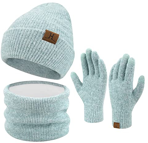 ZASFOU Damen Winter Beanie Mütze Schal Touchscreen Handschuhe Set Warme Wintermütze Loop Schal Schlauchschal Winterhandschuhe Weihnachten Geschenk für Frauen