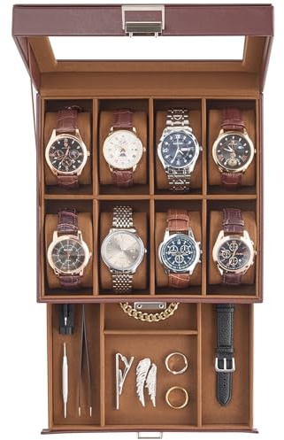 ProCase Uhrenbox mit 8 Fächern, 2 Ebenen Uhrenkasten mit Glasdeckel, Uhrenkoffer mit herausnehmbaren Uhrenkissen, Uhrenschatulle für Schmuck- Espresso