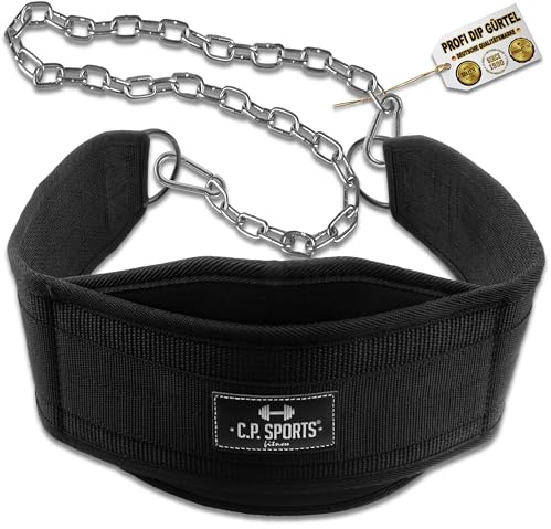 C.P. Sports Dip-Gürtel Premium | Dipgürtel – Dip Belt bis 250kg für Klimmzüge, Squats, Fitness, Krafttraining, Bodybuilding, Gym | Nylon und Kette aus Stahl für Hantelscheiben Gewichte
