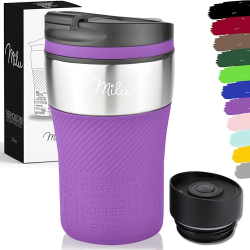 Milu Thermobecher Kaffee to go - 210ml - 100% Auslaufsicher – Isolierbecher, Kaffeebecher, Trinkbecher aus Edelstahl - Autobecher doppelwand Isolierung - Travel Mug (Violett)