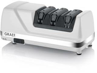 GRAEF. CC120 - Elektrischer Messerschärfer, 3 Stufen, Perfekte Schleifwinkel für 20° Klingen, Diamantbeschichtung, Für Küchen-, Jagd-, Gewerbe-, Wellenschliffmesser, Ultrascharfe Klingen, Weiß