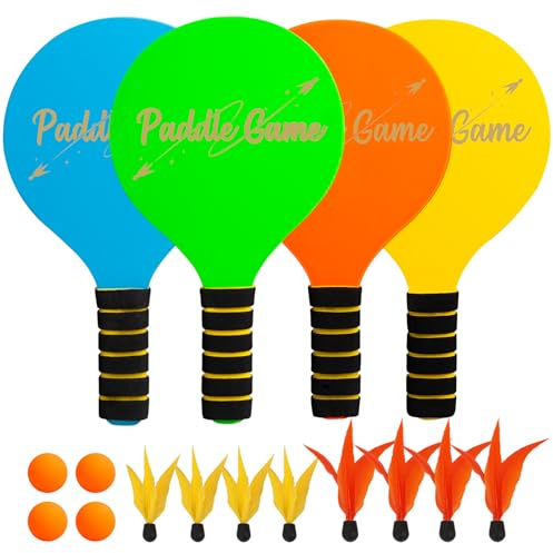 INPODAK Beach Ball Spiel Set,Strandball Schlägerset für Kinder,4 Schläger, 8 Federbälle, 4 Bälle,Paddleball Spielset,Sommer Strand Pool Garten Spiel für Familie und Party