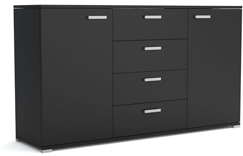 Brent - Kommode mit 4 Schubladen und 2 Turen 150 cm Breit Brixton, Sideboard für Wohnzimmer oder Schlafzimmer, Komodenschrank, Kommode Schwarz