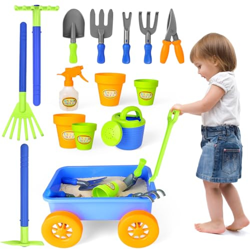 deAO Gartenset mit Schubkarre Kinder, Schaufel, Rechen, Blumentöpfe, Gießkanne Usw, 15Pcs Kinder Gartengeräte Spielset, Gartenwerkzeug & Sandspielzeug ab 3 4 5