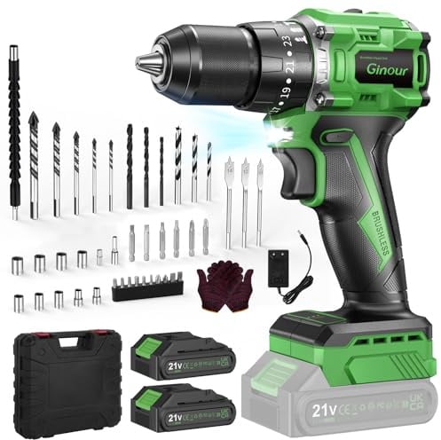 Ginour 21V Bürstenlos Akku Schlagbohrschrauber Set, 50 Nm, 2x2Ah Akku, kompatibel mit Makita 18V Akku & Ladegerät, 2-Gang, 23+3 Stufen, 47-tlg. Zubehör & Koffer, LED, 10mm Bohrmaschine & Akkuschrauber