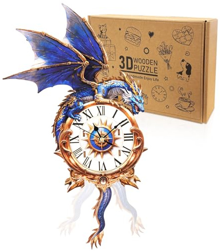 Cutywood 3D Holzpuzzle Uhr, Blauer Drache Clock Modellbausatz, Dekorative Wand-Schreibtischuhr, Mechanisches Modell mit Pendelmechanismus, 3D Puzzle Uhren Geschenke für DIY-Liebhaber