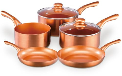 Cermalon 5-teiliges Kochgeschirr-Set aus der Kupfer-Kollektion, inklusive 2 x Bratpfannen und 3 x Töpfen, Keramik-Antihaftbeschichtung mit metallischem Kupfer-Außenmaterial, kompatibel für alle