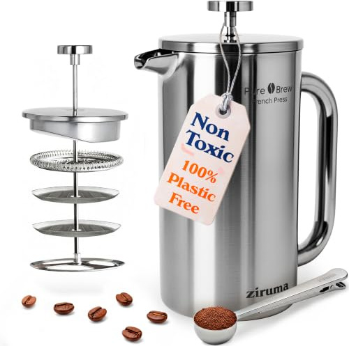 Ziruma Schadstofffrei French Press Edelstahl, Ohne Kunststoff, 1 Liter | Chirurgenstahl 4-lagiger Filter Doppelwandig isoliert, bleibt länger heiß Markierungen messen Spülmaschinenfest Tragbar