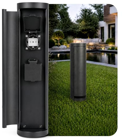 SSC-LUXon PALISO Steckdosensäule außen schwarz IP44 Edelstahl - Gartensteckdose mit 2 Steckdosen - Energiesäule für Terrasse & Garten