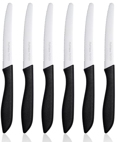 Ruffulon Brotmesser Set 6-teilig,23cm klein Küchenmesser,Scharfe Brotmesser Wellenschliff,Edelstahl Frühstücksmesser,Brötchenmesser Set,Kunststoffgriff Brotzeitmesser,Schwarz