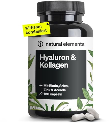 natural elements Hyaluronsäure Kollagen Komplex - 180 Kapseln - Angereichert mit Biotin, Selen, Zink, Vitamin C aus Acerola & Bambusextrakt - Laborgeprüft