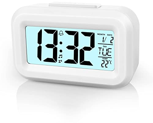 Vicloon Digital Wecker Nachttisch,LCD Display Tischuhr mit Snooze,12/24 Stunden,Datum,Temperaturanzeige,Timer-Funktion,Batteriebetrieben für Schlafzimmer Home Office Reisen(Weiß)